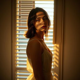 A young woman standing in front of a window with partially opened blinds