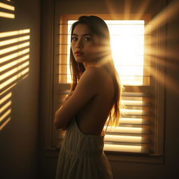 A young woman standing in front of a window with partially opened blinds