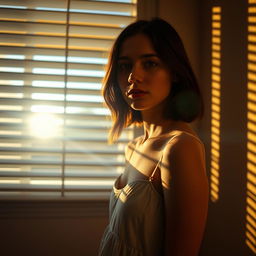 A young woman standing in front of a window with partially opened blinds