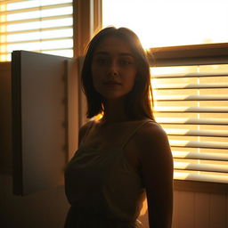 A young woman standing in front of a window with partially opened blinds