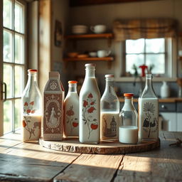 A beautifully composed artistic rendering of elegant milk cartons and bottles arranged creatively on a rustic wooden table