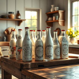 A beautifully composed artistic rendering of elegant milk cartons and bottles arranged creatively on a rustic wooden table