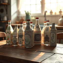 A beautifully composed artistic rendering of elegant milk cartons and bottles arranged creatively on a rustic wooden table