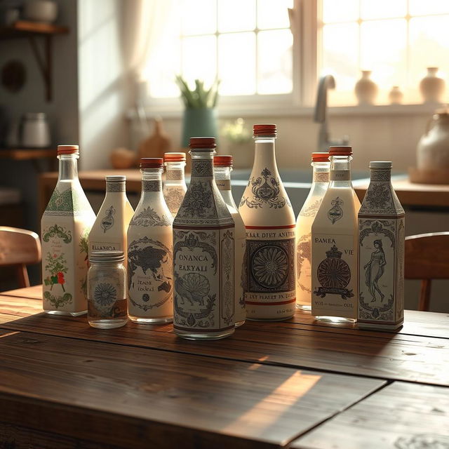 A beautifully composed artistic rendering of elegant milk cartons and bottles arranged creatively on a rustic wooden table