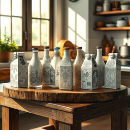 A beautifully composed artistic rendering of elegant milk cartons and bottles arranged creatively on a rustic wooden table