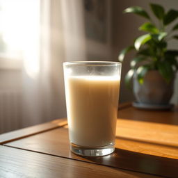 A glass of milk on a wooden table, with soft sunlight streaming through a nearby window, creating a cozy and warm atmospherical scene