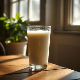 A glass of milk on a wooden table, with soft sunlight streaming through a nearby window, creating a cozy and warm atmospherical scene