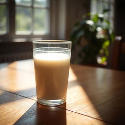 A glass of milk on a wooden table, with soft sunlight streaming through a nearby window, creating a cozy and warm atmospherical scene