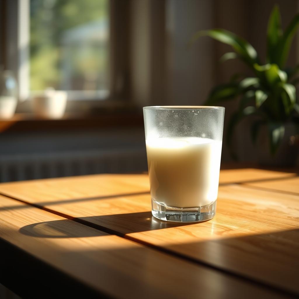 A glass of milk on a wooden table, with soft sunlight streaming through a nearby window, creating a cozy and warm atmospherical scene