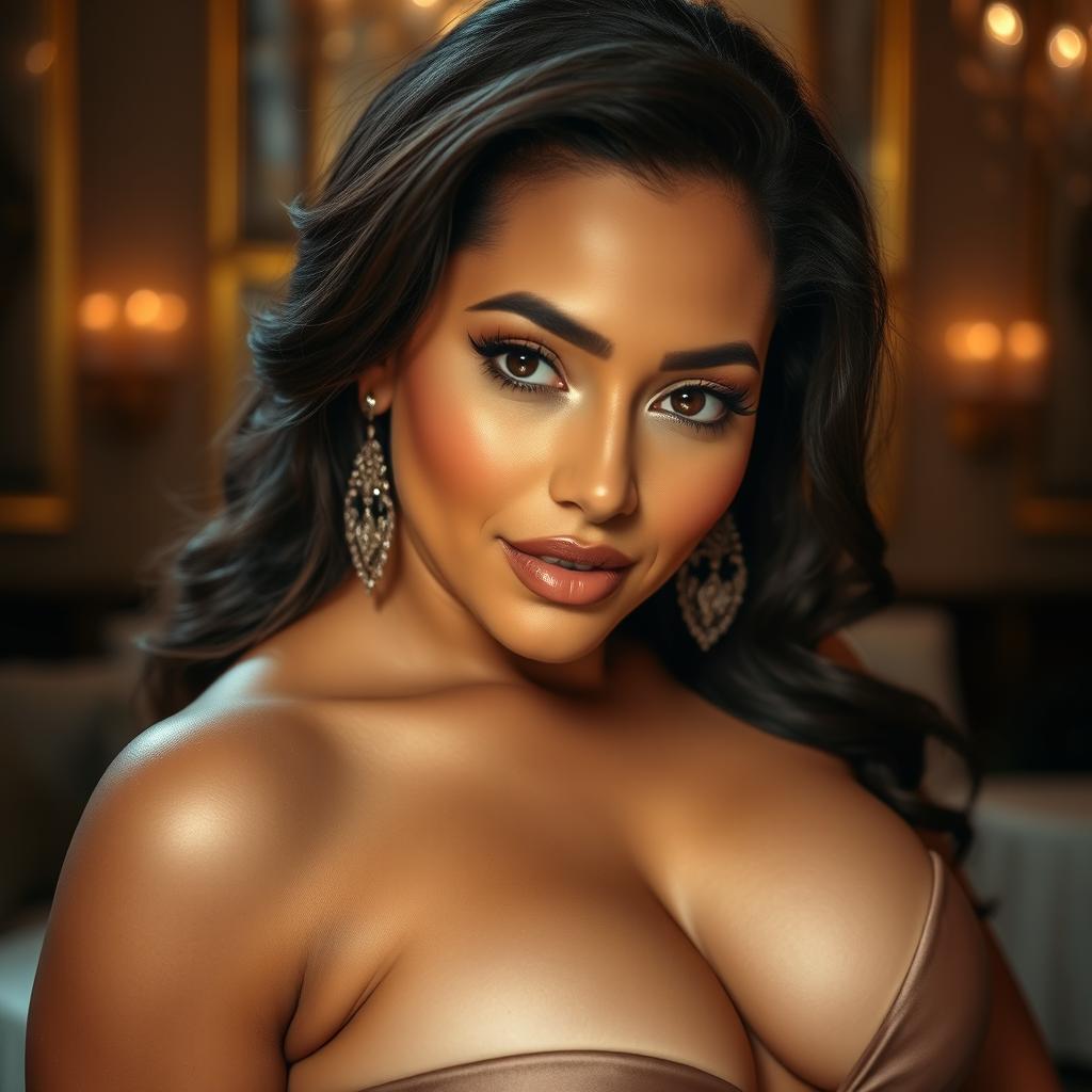 A close-up artistic portrait of a voluptuous woman with large breasts, showcasing beauty and confidence