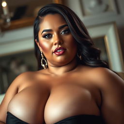 A close-up artistic portrait of a voluptuous woman with large breasts, showcasing beauty and confidence