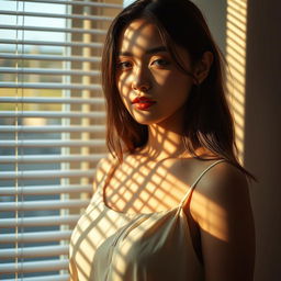 A young woman standing in front of a window with slightly opened blinds