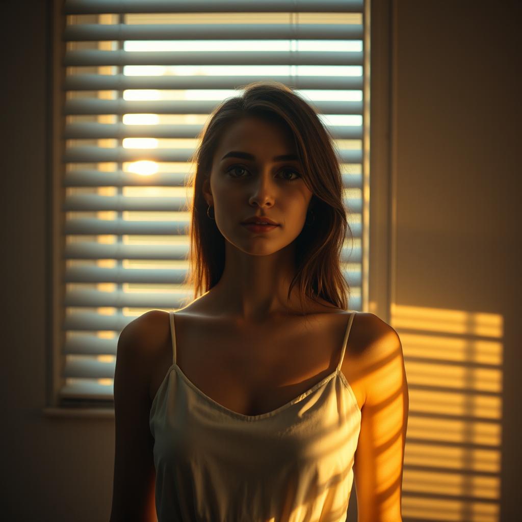 A young woman standing in front of a window with slightly opened blinds