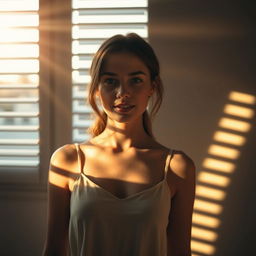 A young woman standing in front of a window with slightly opened blinds