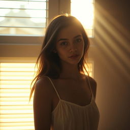 A young woman standing in front of a window with slightly opened blinds