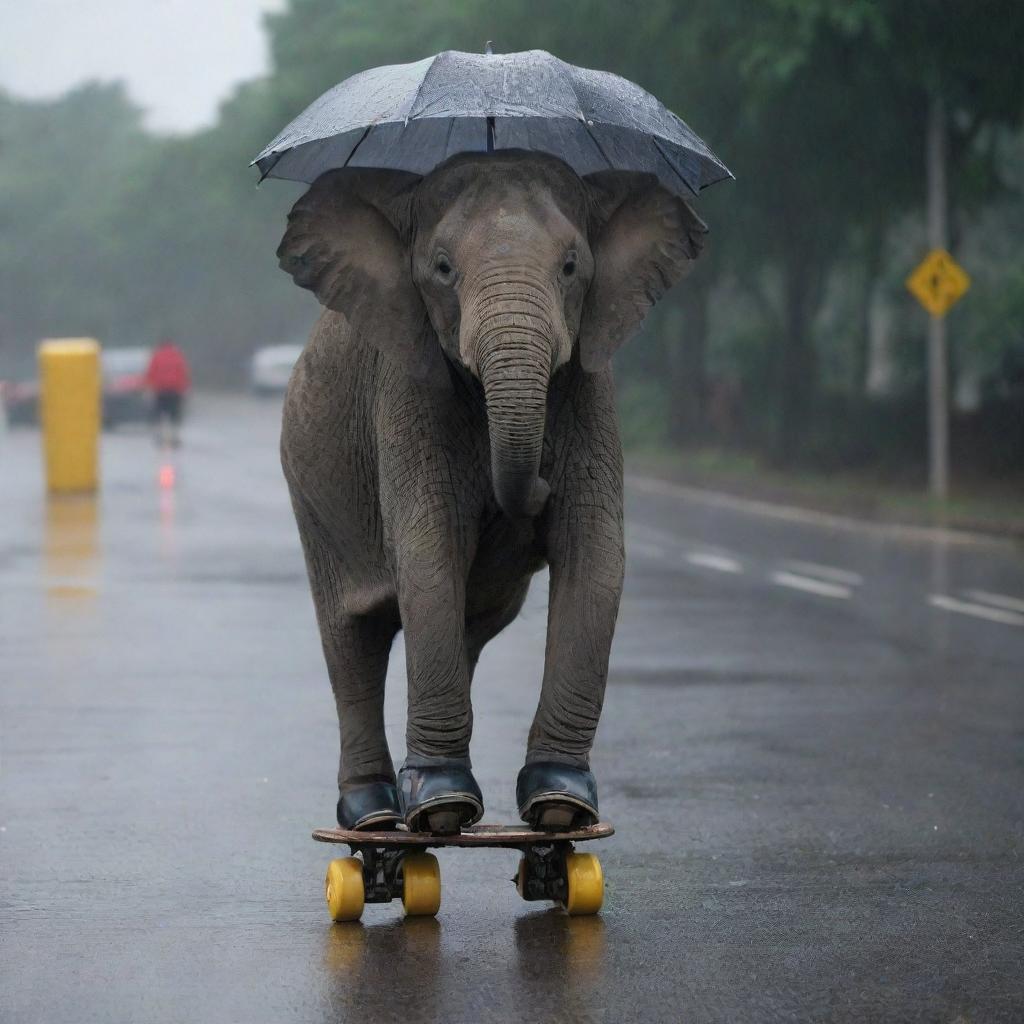 An endearing yet slightly comical image of an elephant perched on roller skates, awaiting a taxi under a melancholic downpour, surprisingly sans umbrella.