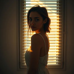 A young European woman stands in front of a window, turned towards it