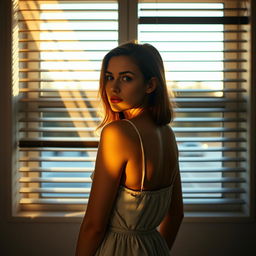 A young European woman stands in front of a window, turned towards it