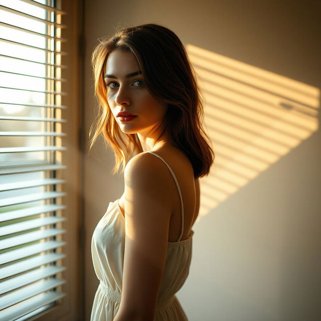 A young European woman stands in front of a window, turned towards it