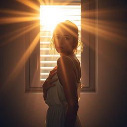 A young European woman stands in front of a window, turned towards it