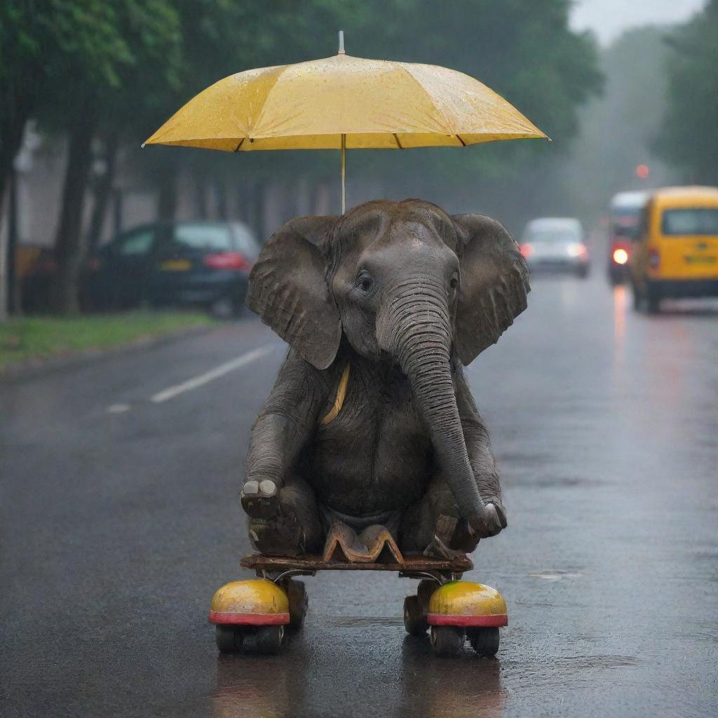 An endearing yet slightly comical image of an elephant perched on roller skates, awaiting a taxi under a melancholic downpour, surprisingly sans umbrella.