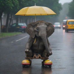 An endearing yet slightly comical image of an elephant perched on roller skates, awaiting a taxi under a melancholic downpour, surprisingly sans umbrella.