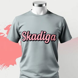 A stylish t-shirt design featuring the word 'Skadiga' prominently displayed in bold, modern typography