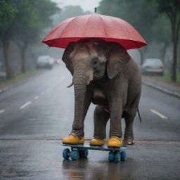 An endearing yet slightly comical image of an elephant perched on roller skates, awaiting a taxi under a melancholic downpour, surprisingly sans umbrella.