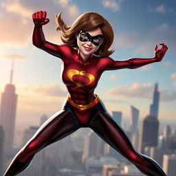 Elastigirl in a heroic and dynamic pose, showcasing her superpowers, with a focus on her flexible and strong physique, wearing her iconic red and black superhero outfit