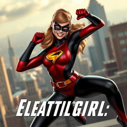 Elastigirl in a heroic and dynamic pose, showcasing her superpowers, with a focus on her flexible and strong physique, wearing her iconic red and black superhero outfit