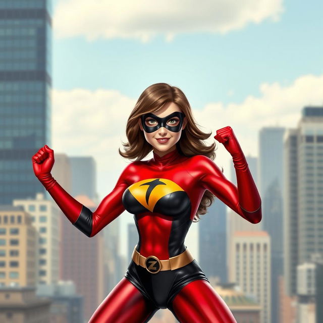 Elastigirl in a heroic and dynamic pose, showcasing her superpowers, with a focus on her flexible and strong physique, wearing her iconic red and black superhero outfit