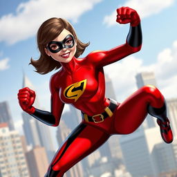 Elastigirl in a heroic and dynamic pose, showcasing her superpowers, with a focus on her flexible and strong physique, wearing her iconic red and black superhero outfit