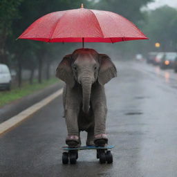 An endearing yet slightly comical image of an elephant perched on roller skates, awaiting a taxi under a melancholic downpour, surprisingly sans umbrella.