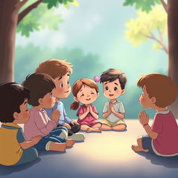 animation of children respectfully observing while a friend prays, children sitting quietly in a serene environment, the scene conveys a sense of tranquility and mutual respect, colorful and friendly atmosphere, gentle lighting