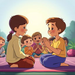 animation of children respectfully observing while a friend prays, children sitting quietly in a serene environment, the scene conveys a sense of tranquility and mutual respect, colorful and friendly atmosphere, gentle lighting