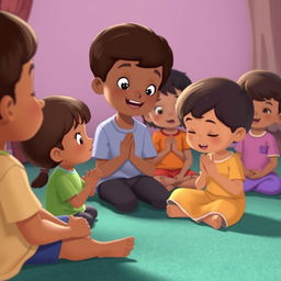 animation of children respectfully observing while a friend prays, children sitting quietly in a serene environment, the scene conveys a sense of tranquility and mutual respect, colorful and friendly atmosphere, gentle lighting