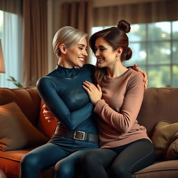 Elastigirl and a female partner sharing a loving and affectionate moment, both dressed in casual outfits