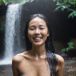 A stunning Asian woman drenched, her clothes soaked, sporting moisture-glistening hair from being under a waterfall or rain, her face radiating joy and beauty.