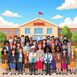 Illustration of 40 cartoon-style teachers standing in front of a school building