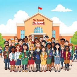 Illustration of 40 cartoon-style teachers standing in front of a school building