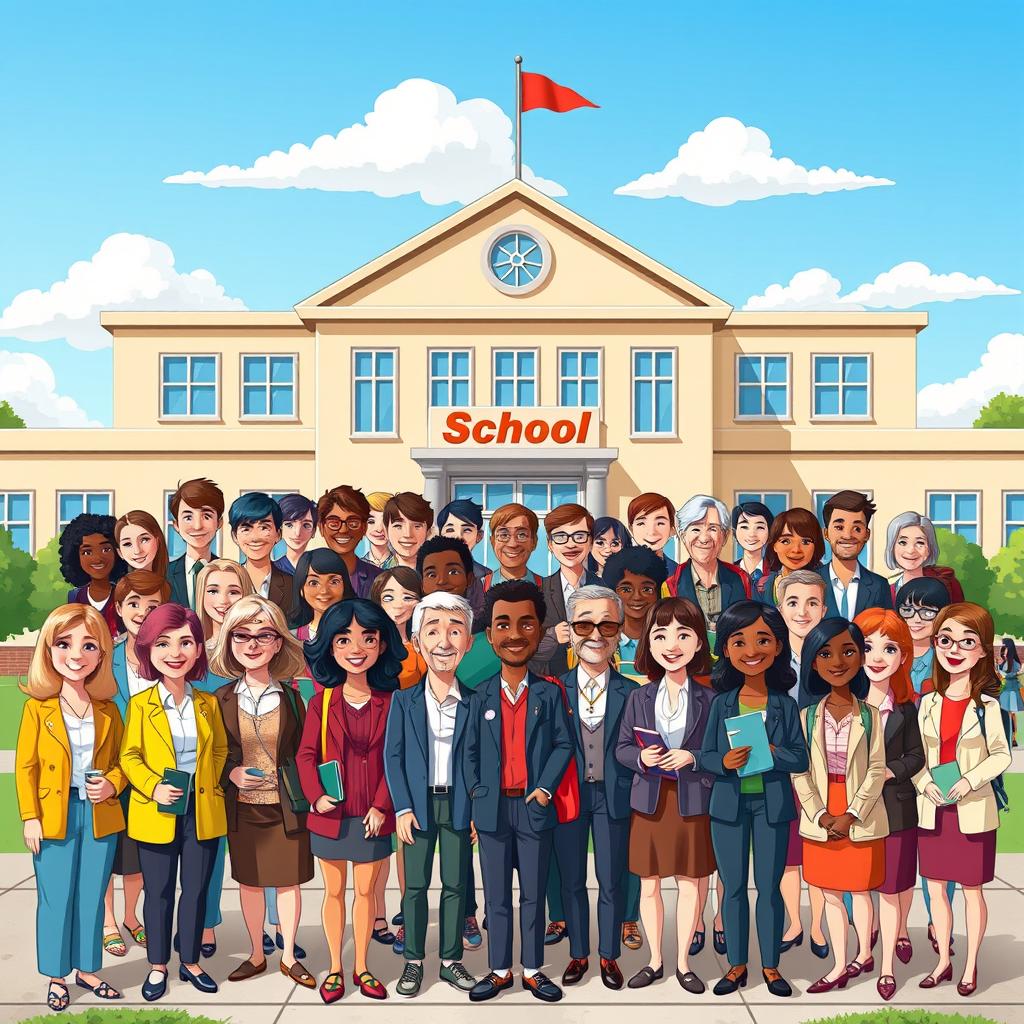 Illustration of 40 cartoon-style teachers standing in front of a school building