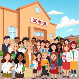 Illustration of 40 cartoon-style teachers standing in front of a school building