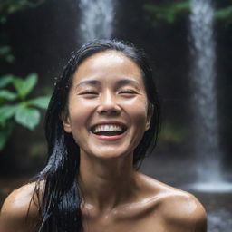 A stunning Asian woman drenched, her clothes soaked, sporting moisture-glistening hair from being under a waterfall or rain, her face radiating joy and beauty.