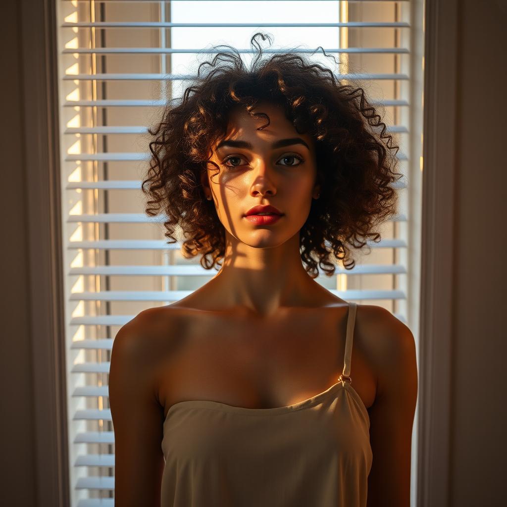 A young European woman with curly hair stands in front of a window, looking at it