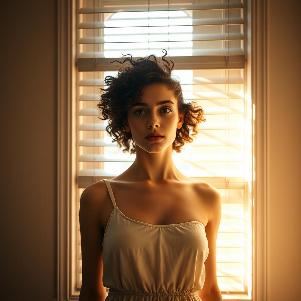 A young European woman with curly hair stands in front of a window, looking at it