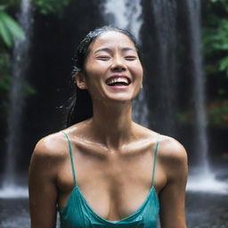 A stunning Asian woman drenched, her clothes soaked, sporting moisture-glistening hair from being under a waterfall or rain, her face radiating joy and beauty.