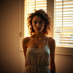 A young European woman with curly hair stands in front of a window, looking at it