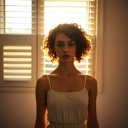 A young European woman with curly hair stands in front of a window, looking at it