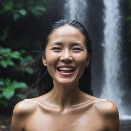 A stunning Asian woman drenched, her clothes soaked, sporting moisture-glistening hair from being under a waterfall or rain, her face radiating joy and beauty.