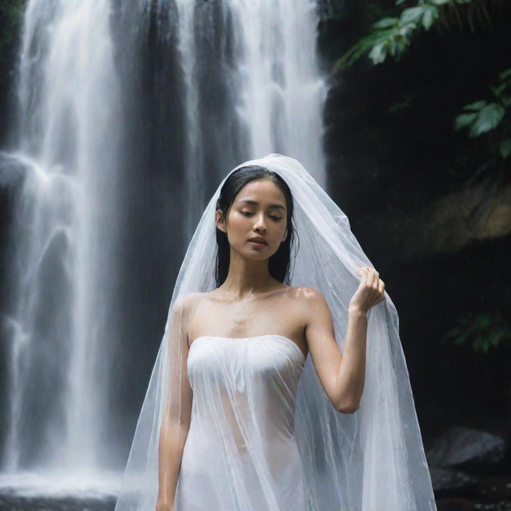 A graceful Asian woman standing beneath a cascading waterfall, the breathtaking play of water creating a white veil around her. Her figure is drenched, her clothes clinging to her, making for a striking image.